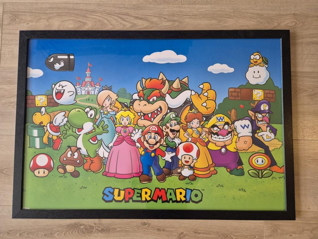 Super Mario poster met lijst - 96 x 66 cm, Ophalen, Met lijst, Deurposter of groter, Rechthoekig Liggend