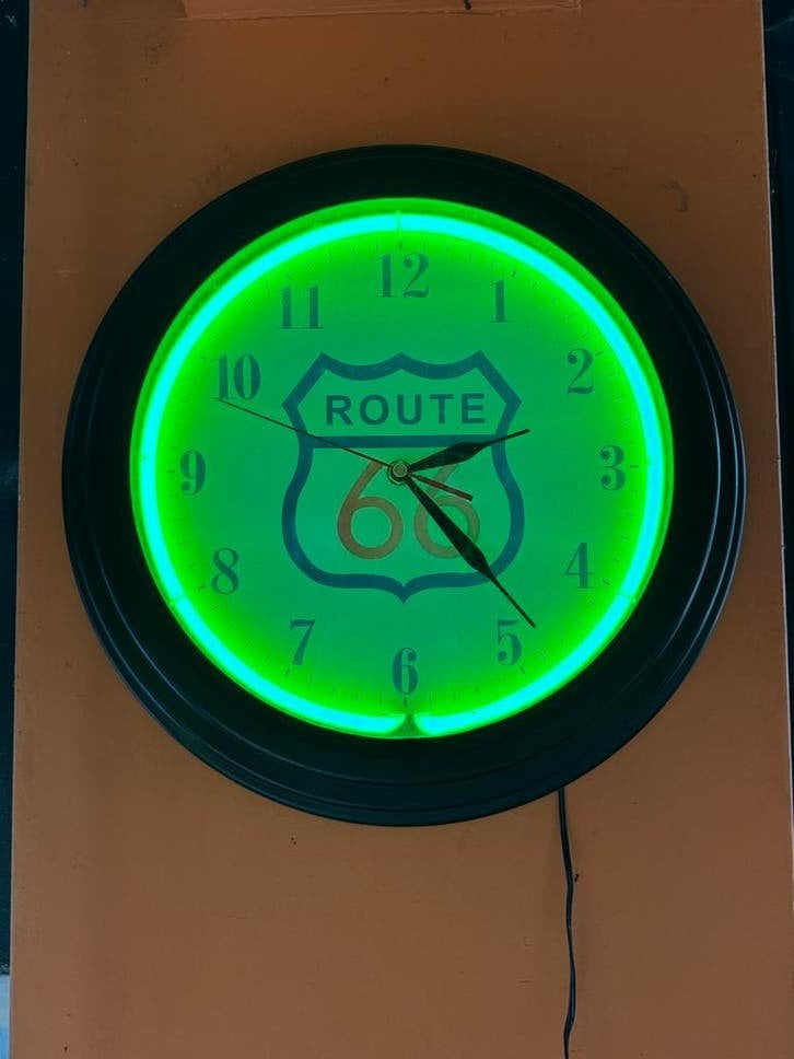 Route 66 Reclame Wandklok met Neon, Verzamelen, Merken en Reclamevoorwerpen, Gebruikt, ., Lichtbak of (neon) lamp, Ophalen of Verzenden