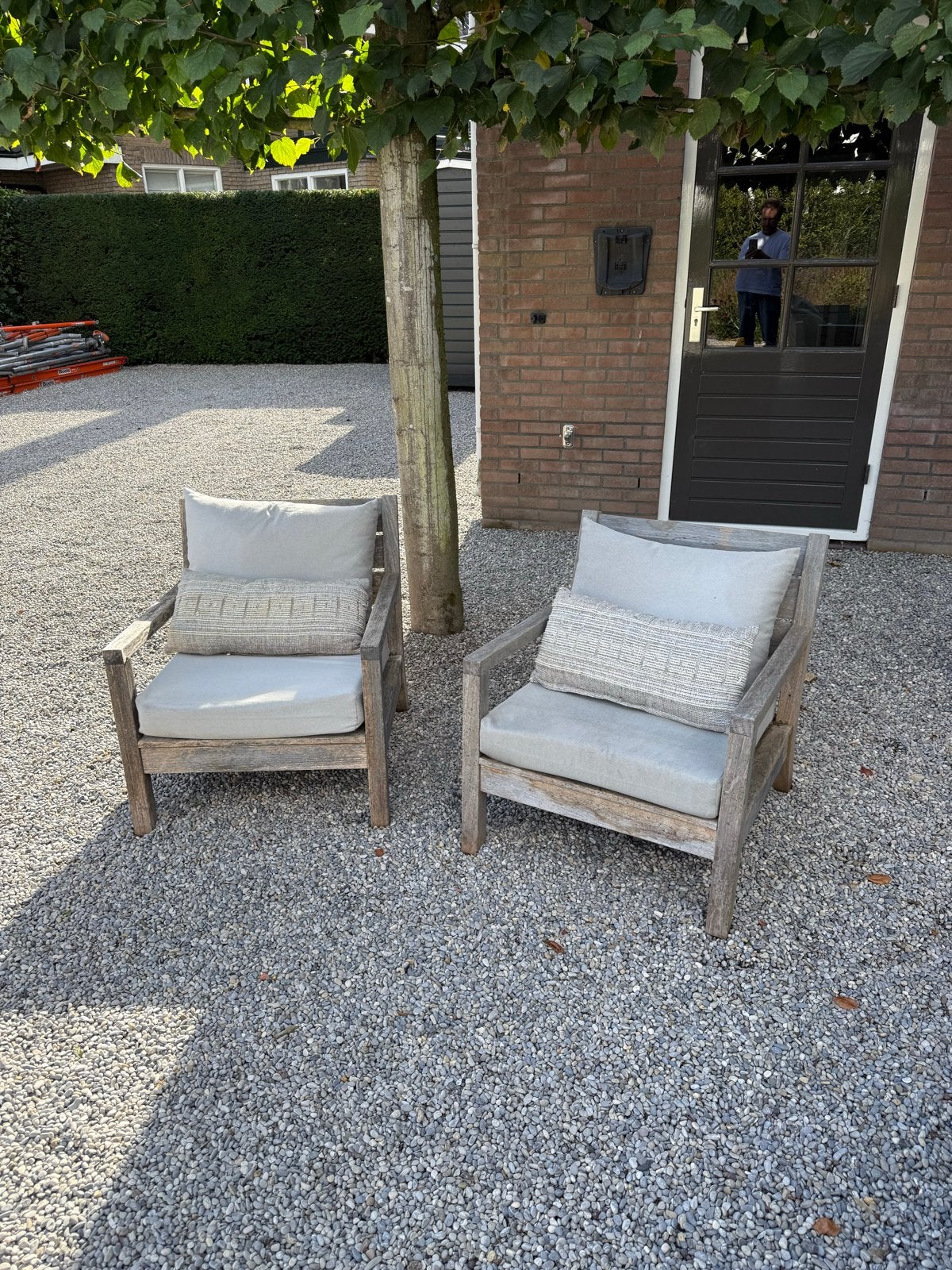 2x Rough Furniture Teakhouten Tuinstoelen met Kussens, Ophalen, Gebruikt, Teakhout