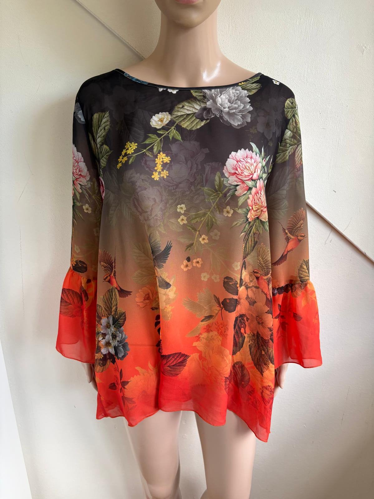 Geisha blouse maat 42/44 L oranje bloemen zwart, Ophalen of Verzenden, Zo goed als nieuw, Maat 42/44 (L), Oranje