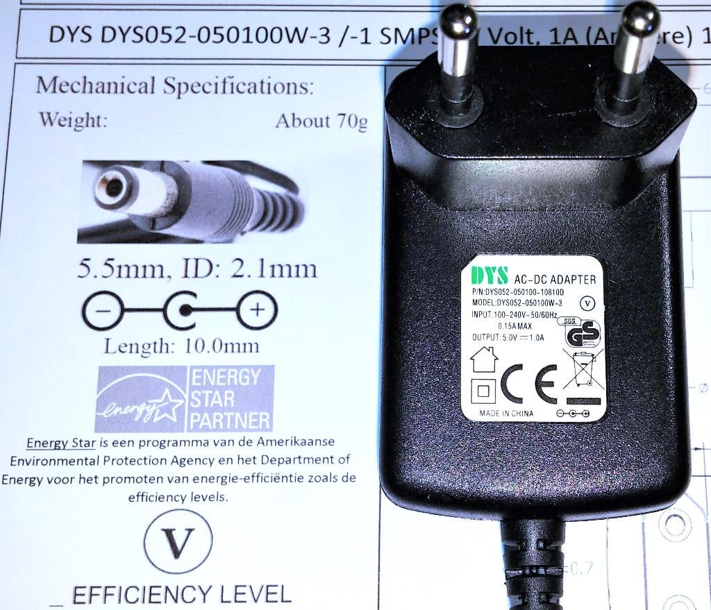 DYS 5V 1A AC DC Adapter 2.1x5.5 DYS052-050100W-3 5W 1000mA, Ophalen of Verzenden, Nieuw