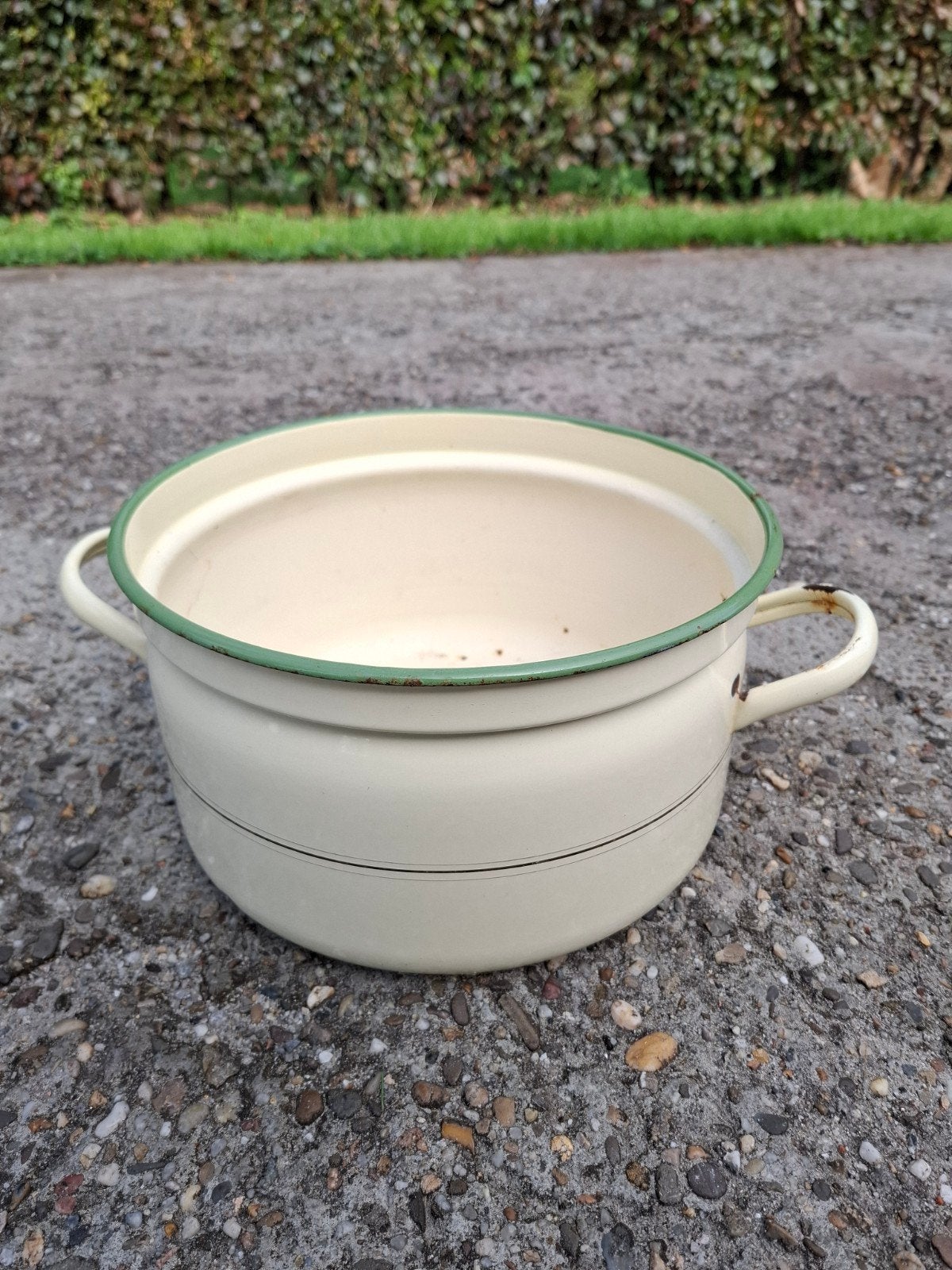 Vintage emaille pan en emmer - crème/groen, Antiek en Kunst, Ophalen of Verzenden