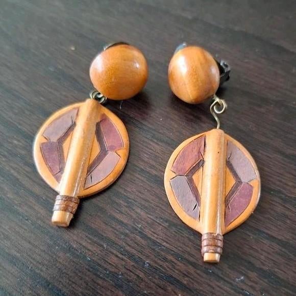 Vintage houten oorbellen - uniek en stijlvol, Overige materialen, Bruin, Ophalen of Verzenden, Hangers