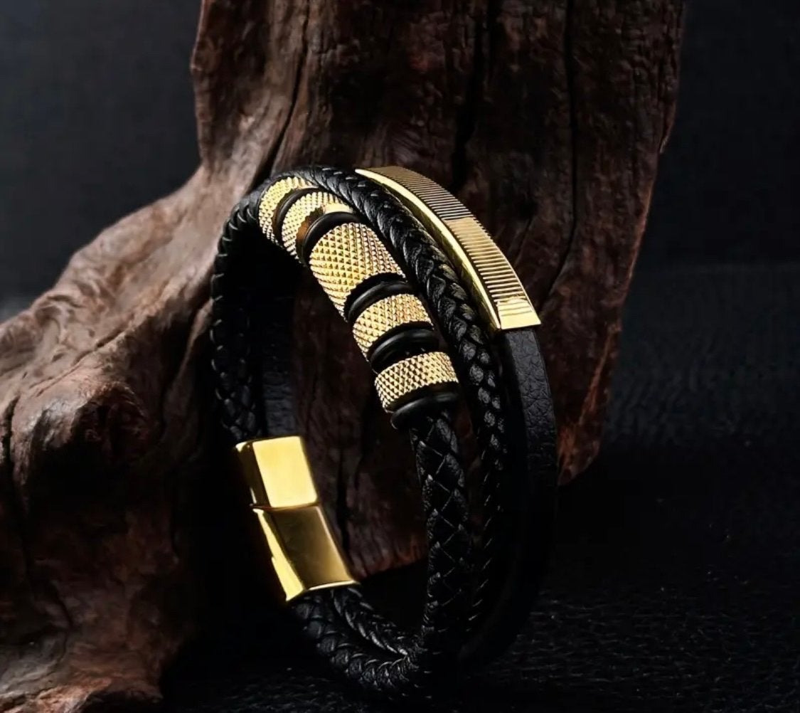 Leren Armband met Gouden Details - Heren, Verzenden, Nieuw, Zwart, Leer
