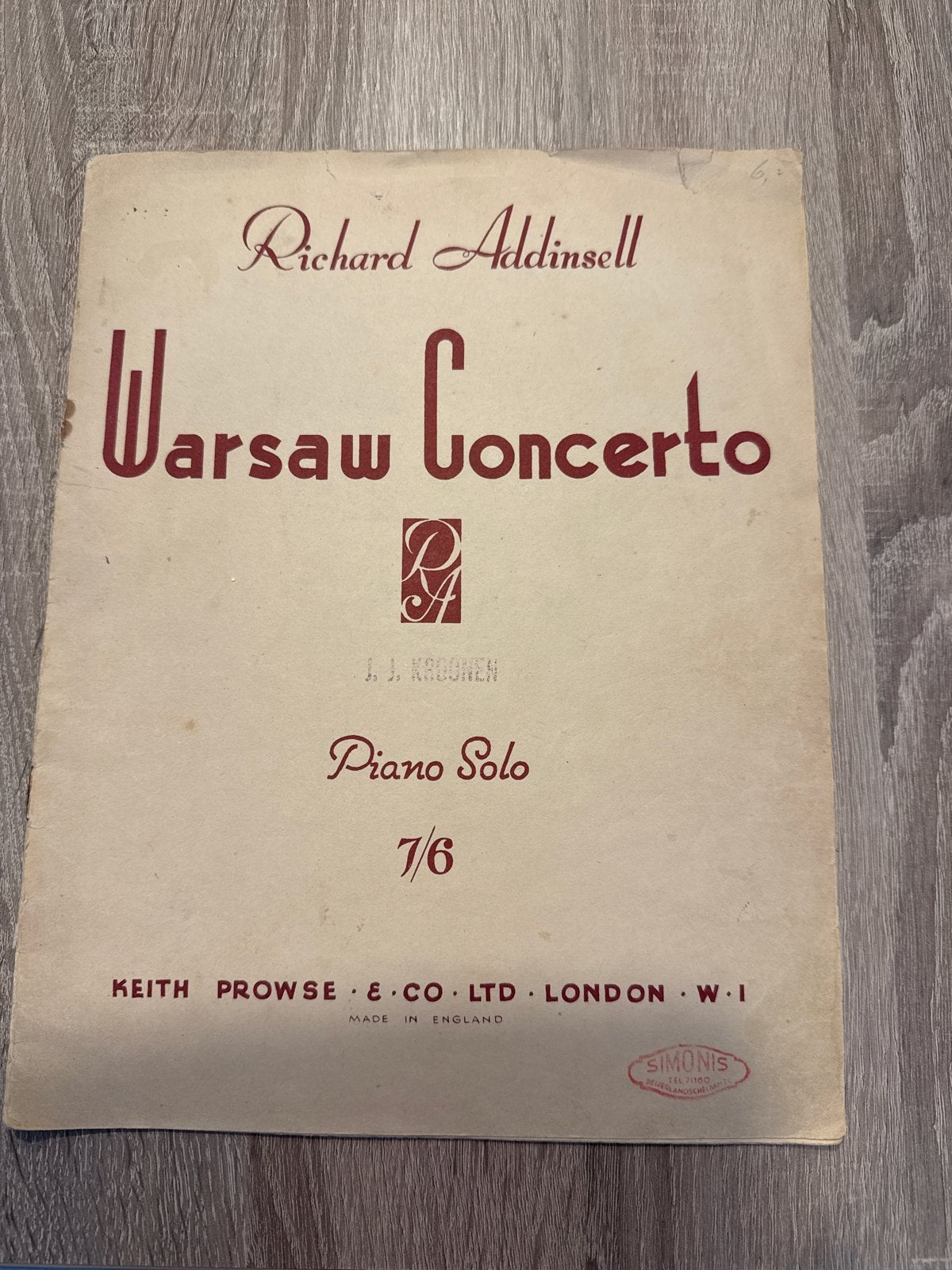 Richard Addinsell - Warsaw Concerto - Piano Solo, Gebruikt, Klassiek, Ophalen of Verzenden, Artiest of Componist