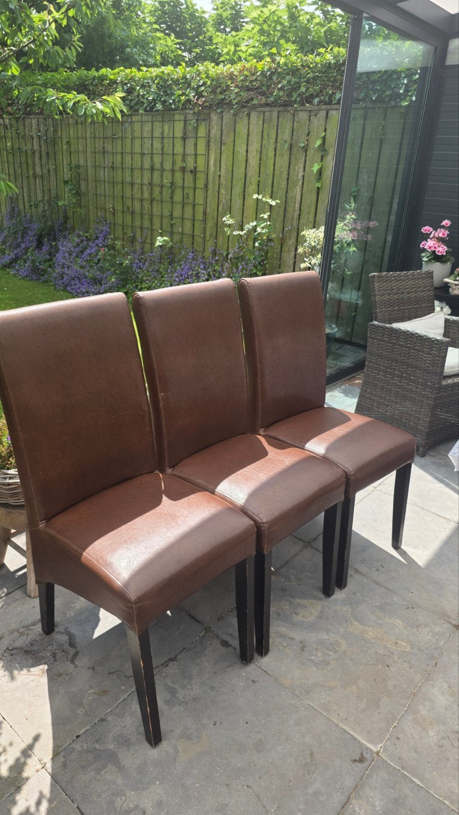 5 stijlvolle bruine eetkamerstoelen., Ophalen, Gebruikt, Bruin, Leer