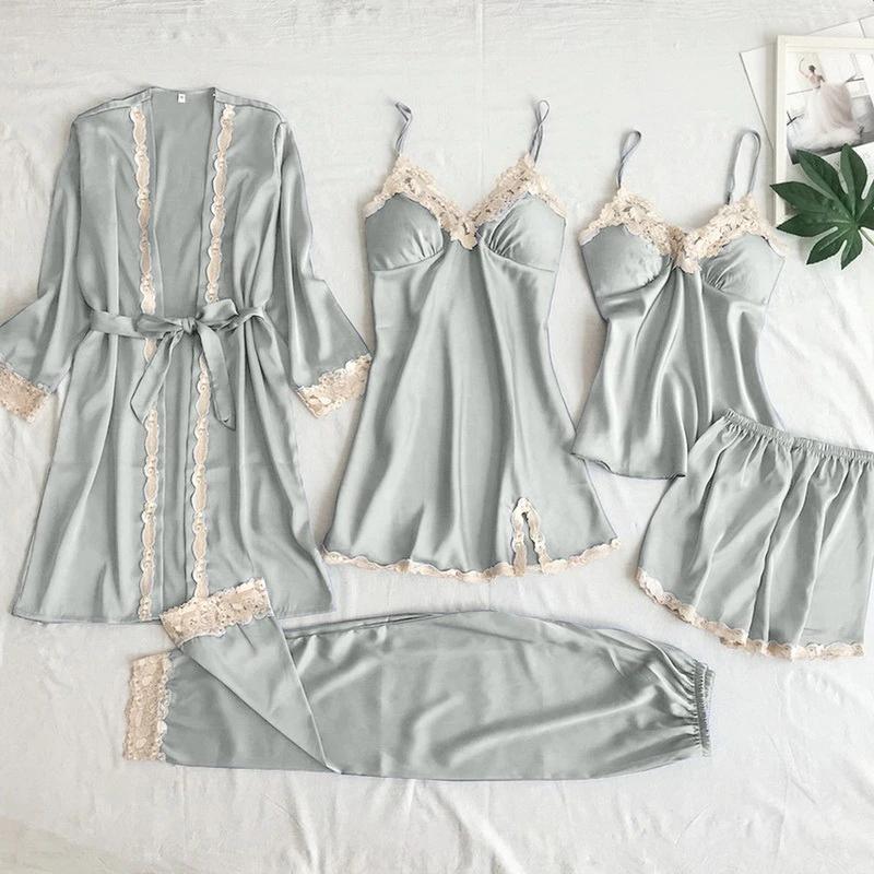 Grijze dames nachtjapon met kant kimono ochtendjas babydoll, Verzenden, Grijs, Nachtkleding