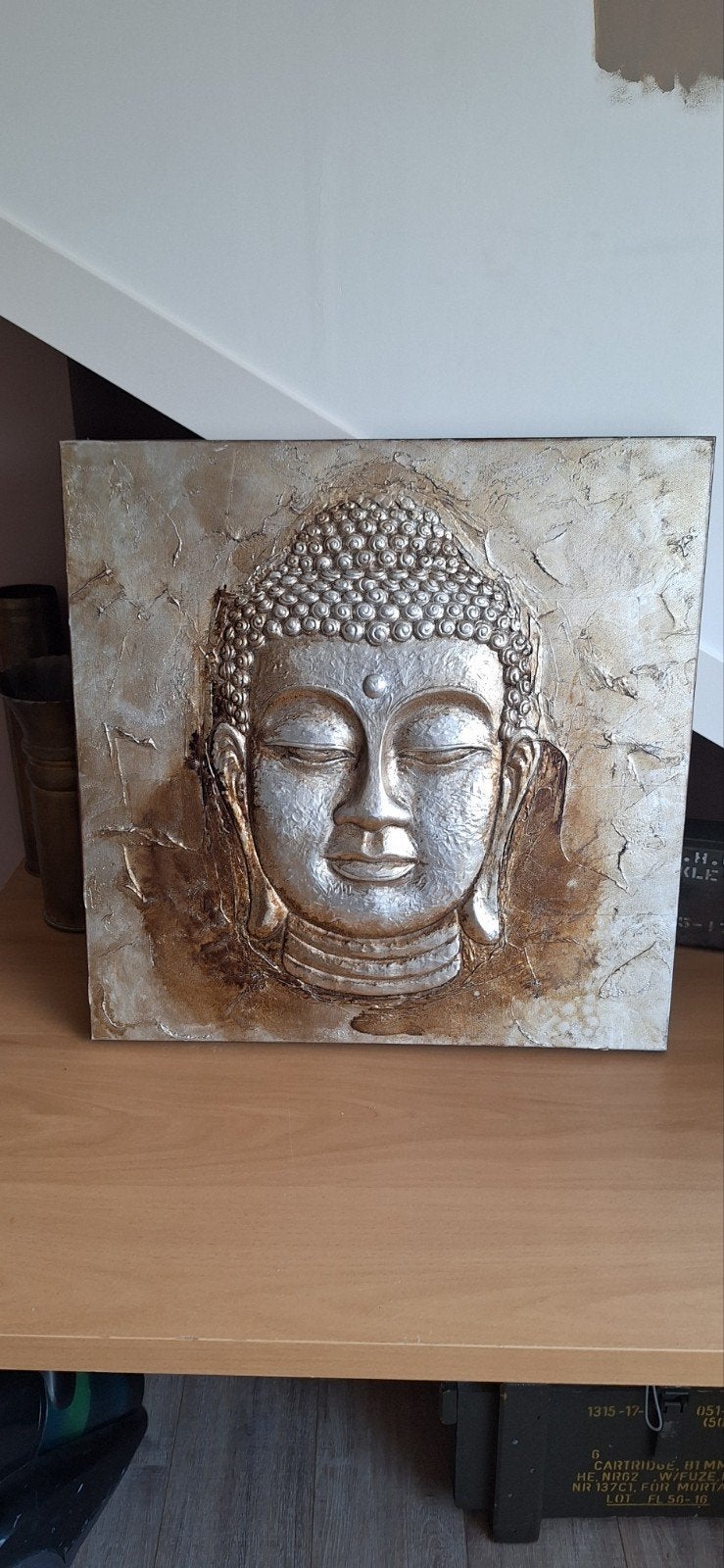 Boeddha schilderij 3D reliëf - 55x55cm, Ophalen, Met reliëf, Zo goed als nieuw, Zilver