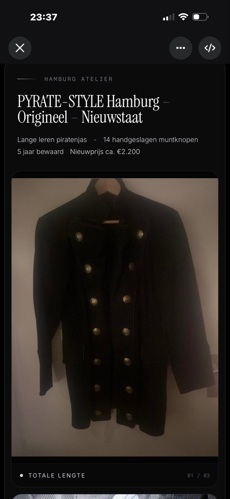 Pyrate-Style Hamburg Origineel Lange Leren Piratenjas, Kleding | Dames, Jassen | Zomer, Ophalen of Verzenden, Zo goed als nieuw