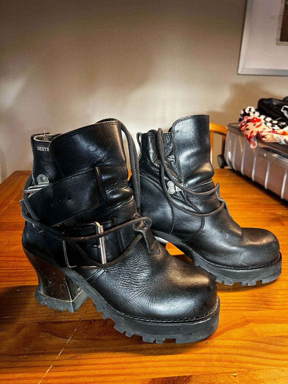 Destroy vintage leren plateau laarzen/biker boots Y2K (39/40, Kleding | Dames, Ophalen of Verzenden, Gedragen, Zwart, Lage of Enkellaarzen