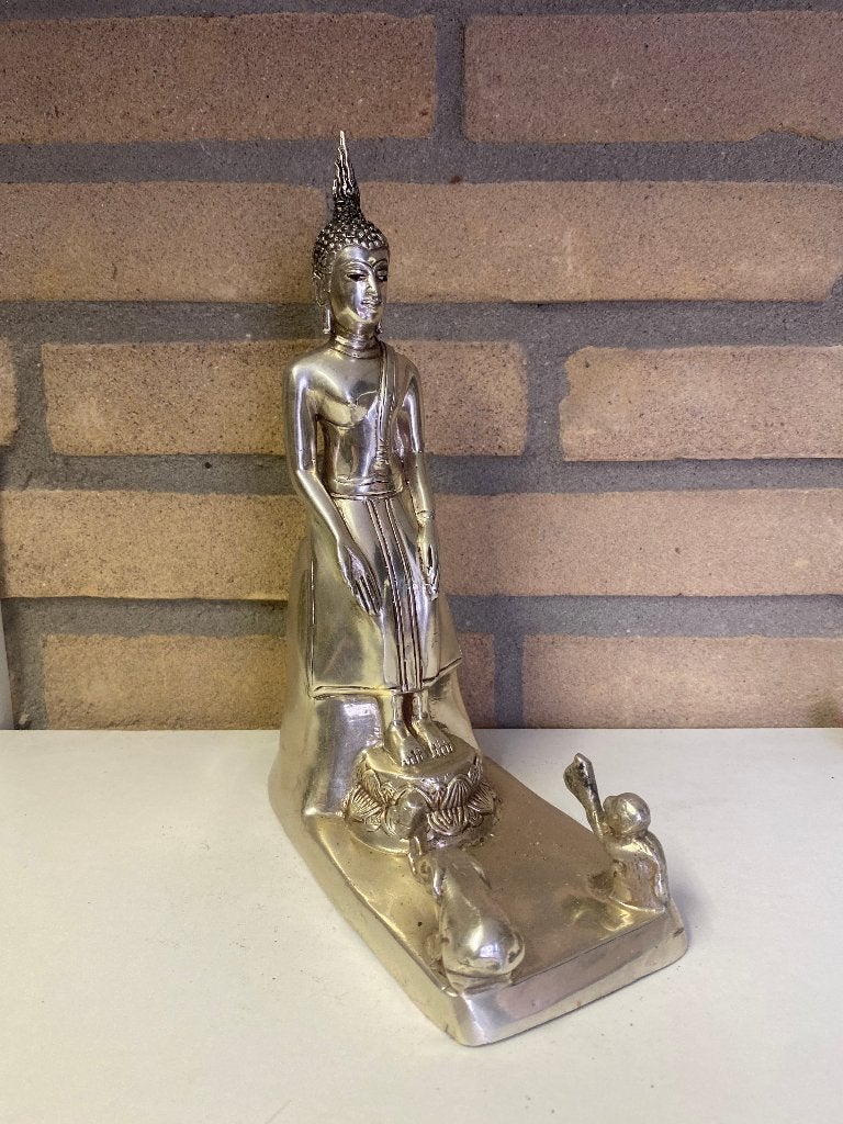 Brons verzilverd boeddha beeld met aap en olifant, Ophalen of Verzenden, Zo goed als nieuw, 23 cm, Nvt