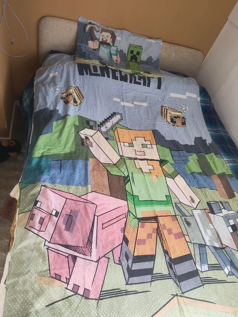 1pers katoenen Minecraft dekbedovertrek met kussensloop, Ophalen of Verzenden, Eenpersoons, Dekbedovertrek