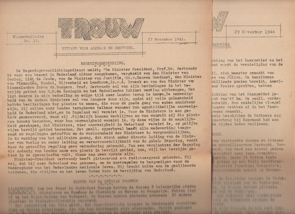 verzetsblad alkmaar en omgeving nr. 13 + 15 trouw oorlog '44, Verzamelen, Tijdschriften, Kranten en Knipsels, Ophalen of Verzenden