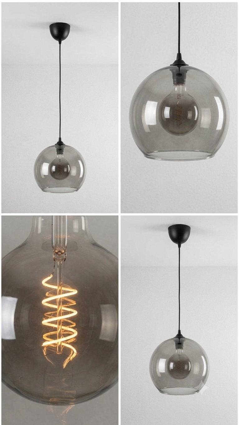 Hanglamp met smoke glas bol, Ophalen, Zo goed als nieuw, Glas, E27 (groot)