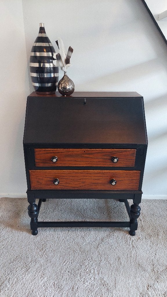Secretaire zwart bruin eiken modern klassiek goud 2 laden, Ophalen, Zo goed als nieuw, Modern klassiek design