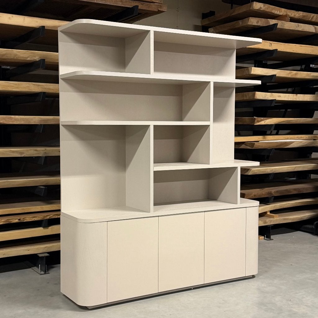vakkenkast japandi eiken fineer  taupe 120 en 180cm, Ophalen, 100 tot 150 cm, 200 cm of meer, Japandi hotel chique