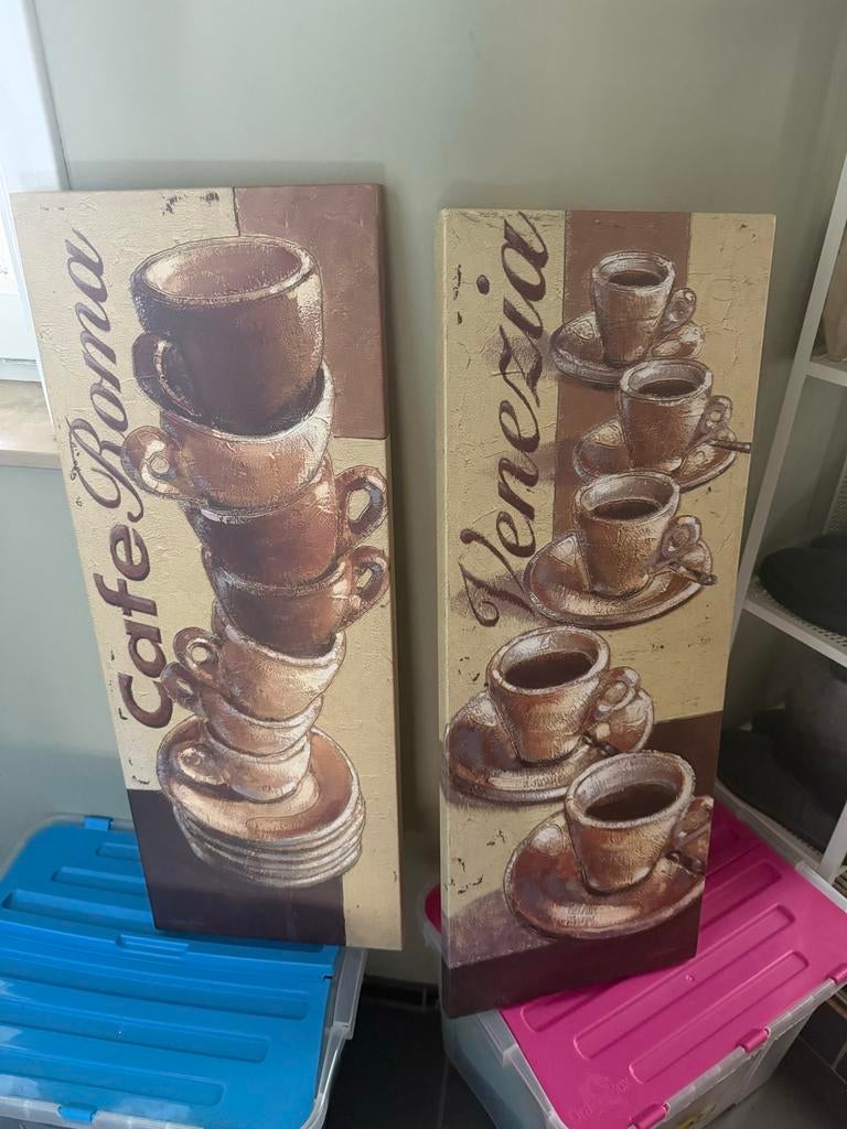 Set van 2 Canvas Schilderijen: Koffiekopjes - Café Roma & Ve, Minder dan 50 cm, Gebruikt, Ophalen of Verzenden, Schilderij