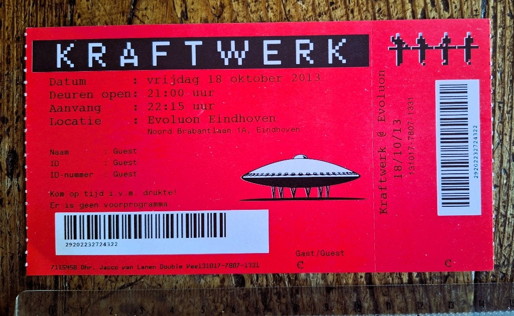 ticket voor gast optreden KRAFTWERK Evoluon Eindhoven, Ophalen of Verzenden, Zo goed als nieuw, Foto of Kaart
