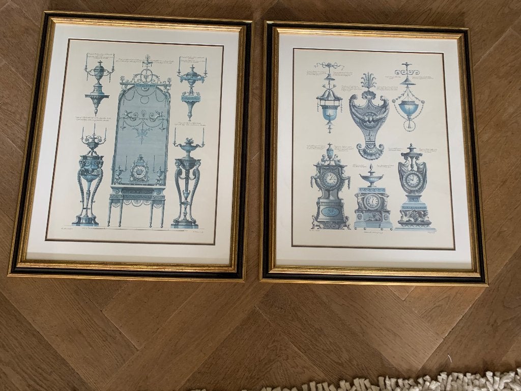 Schilderijen groot neoklassieke meubels in zwarte lijst 2 x, Antiek en Kunst, Kunst | Schilderijen | Klassiek, Ophalen, Achter glas