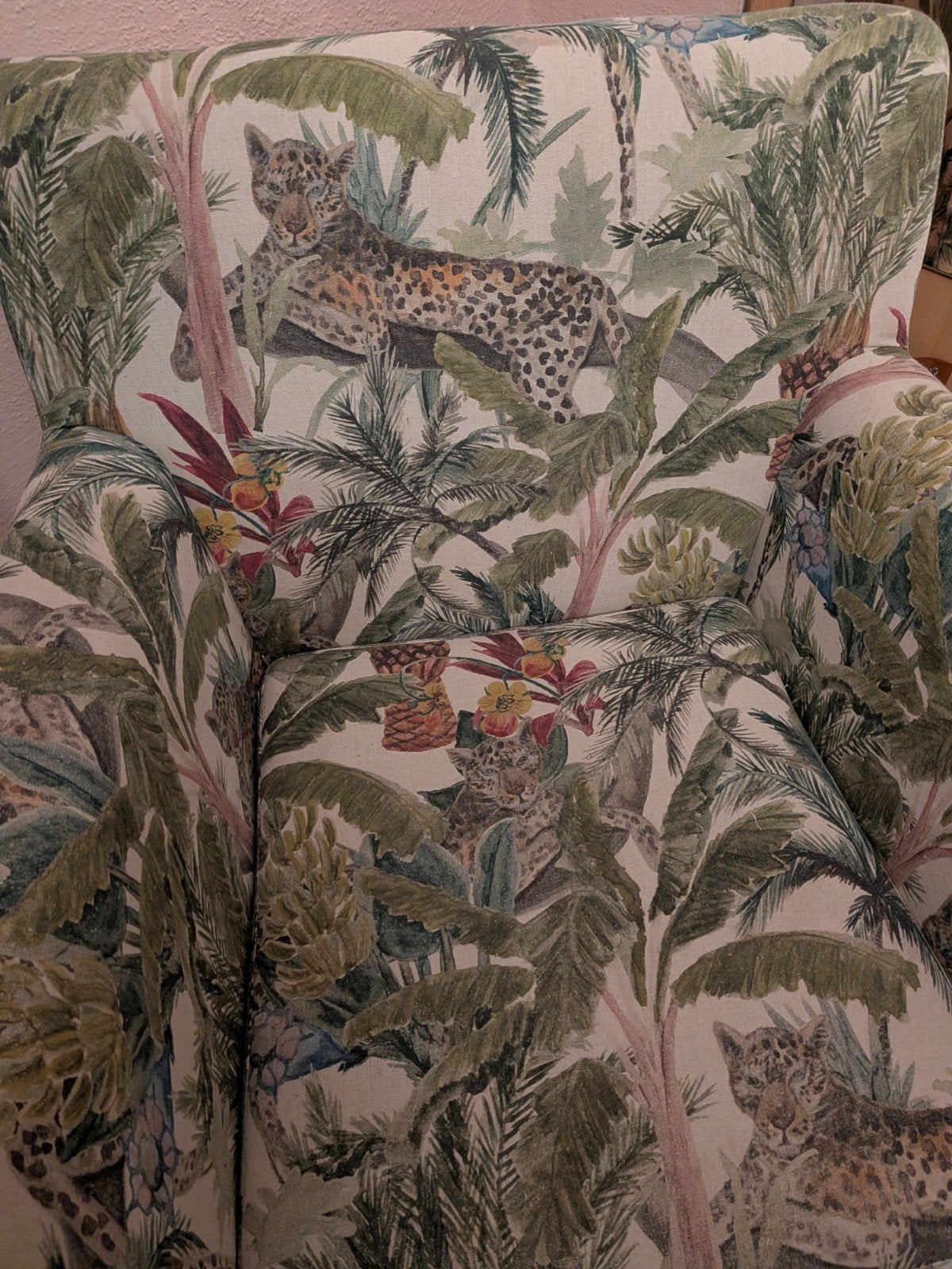 Fauteuil met jungleprint - Zo goed als nieuw, Huis en Inrichting, Ophalen, Zo goed als nieuw, Stof, Jungle, Tropisch, Modern