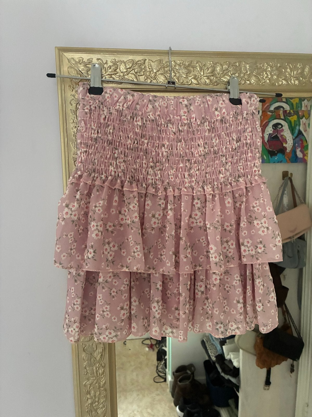 Roze bloemenrokje met ruches en smock detail, Ophalen, Zo goed als nieuw, Roze, Maat 36 (S)