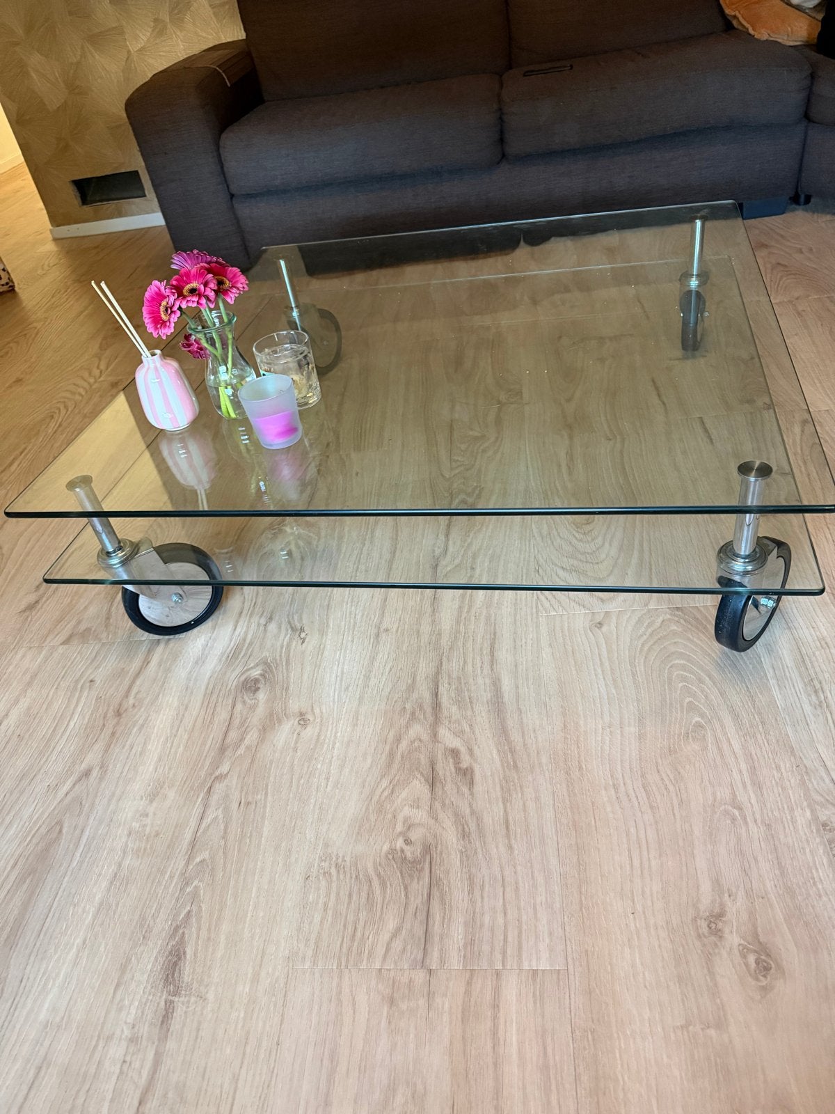 Glazen salontafel met wielen - 100x100 cm, Ophalen, Gebruikt, 100 tot 150 cm, Vierkant