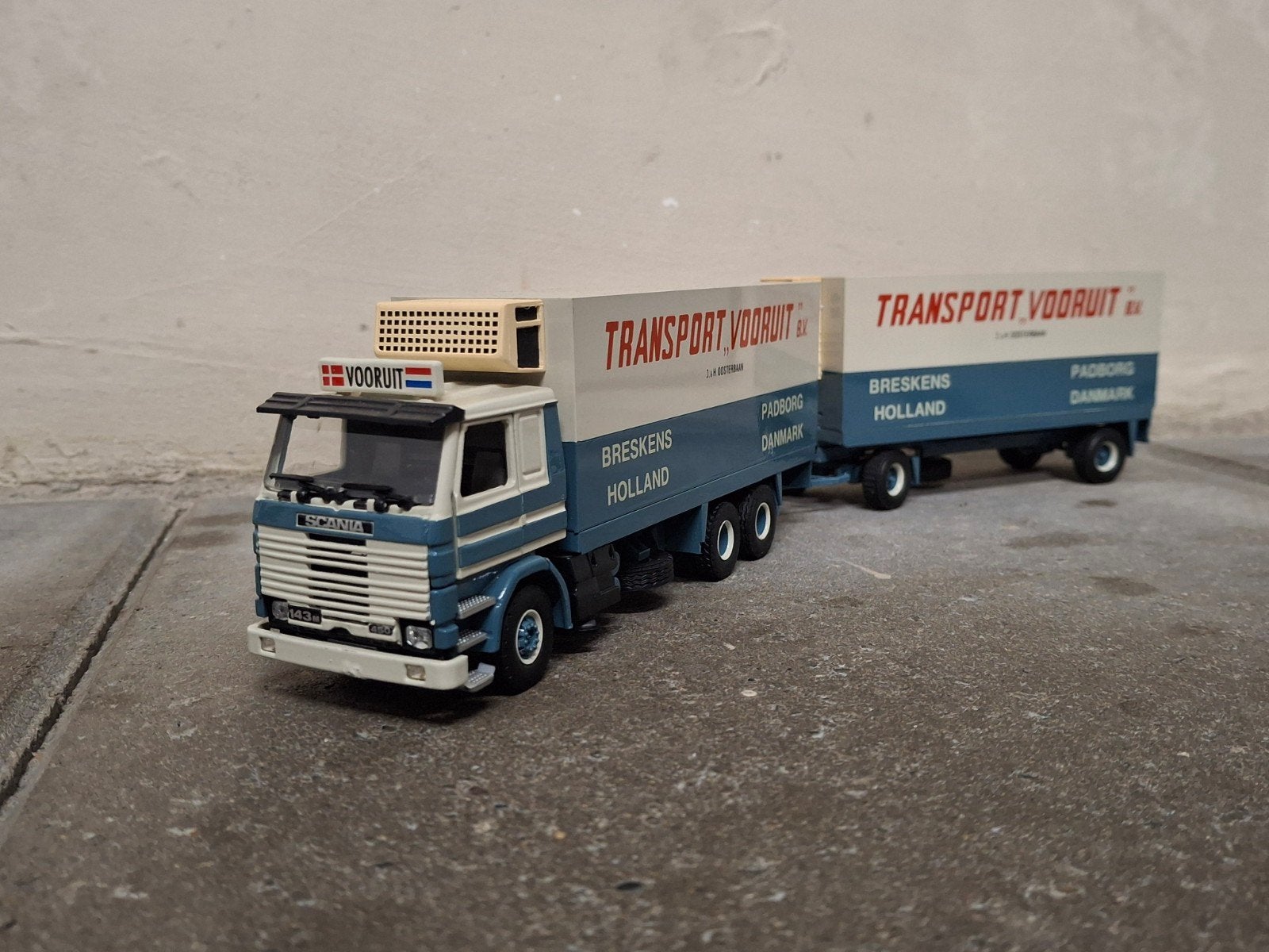 Tekno Scania 143M Transport Vooruit Breskens, Ophalen of Verzenden, Zo goed als nieuw, Bus of Vrachtwagen, Tekno
