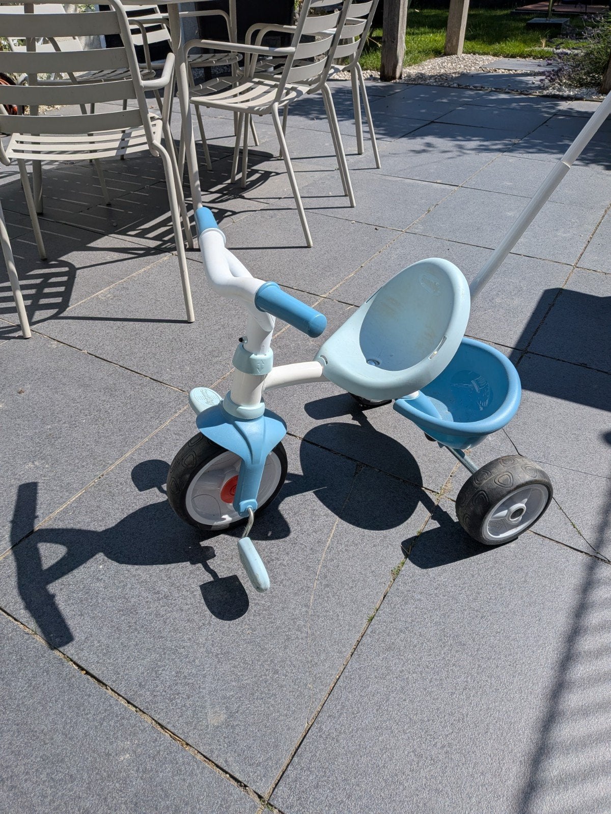 Smoby driewieler met duwstang - Blauw, Ophalen, Gebruikt, Trapvoertuig