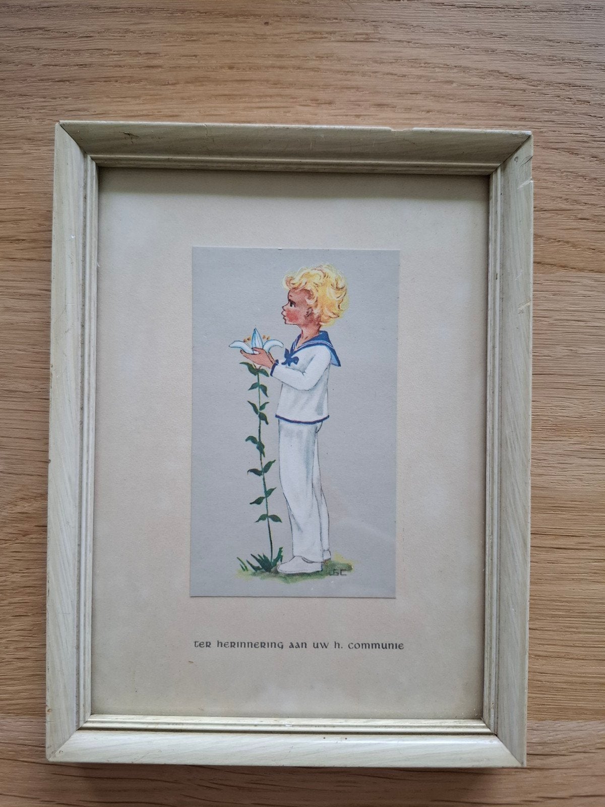 Vintage Communie Prentje - Jongen met Lelie (19x14.5 cm), Ophalen of Verzenden, Gebruikt, Kaart of Prent