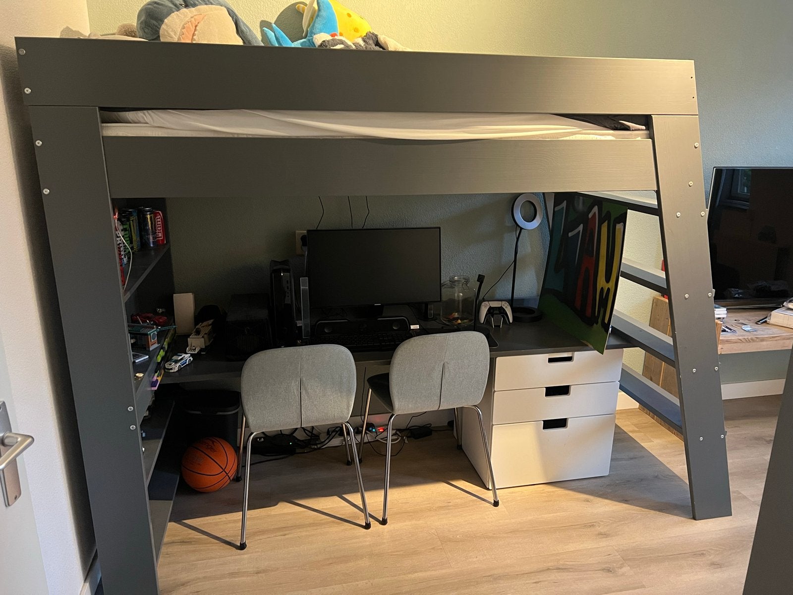 Stoere antraciet hoogslaper met bureau, Ophalen, 85 tot 100 cm, Gebruikt, Hoogslaper of Stapelbed