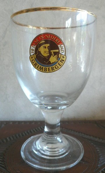 bierbokaal GRIMBERGEN gouden rand, 10 jaar in Nederland 1994, Ophalen of Verzenden, Zo goed als nieuw, Glas of Glazen, Overige merken