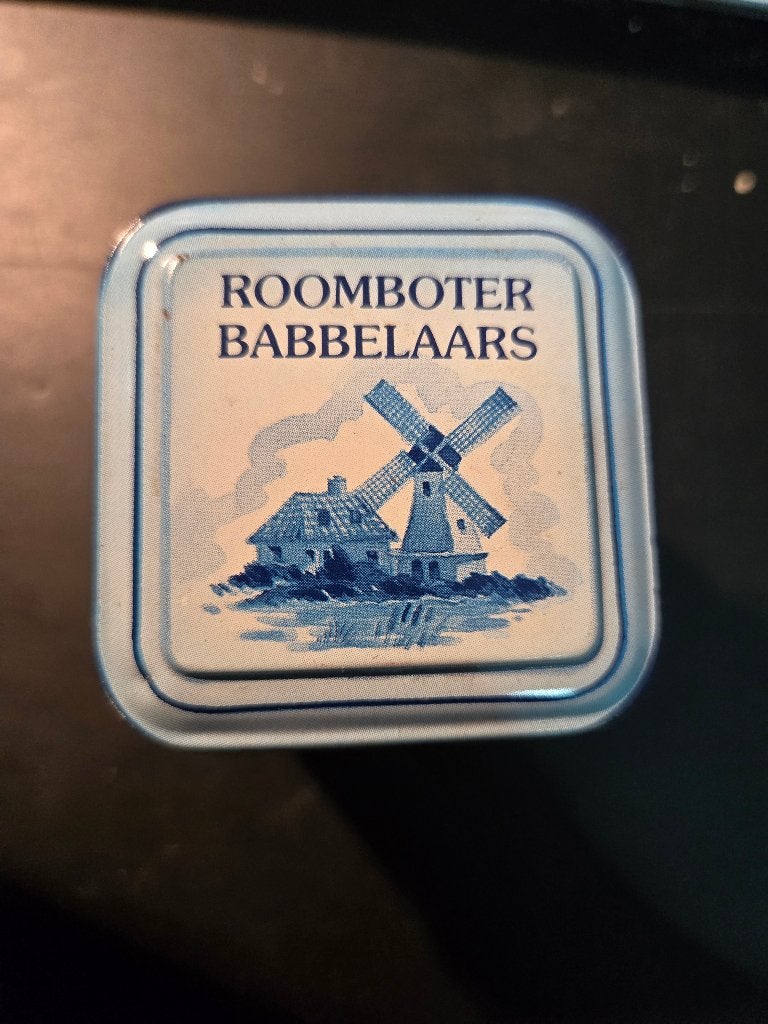 Delfst blauw blikje van roomboter babbelaars, leeg., Ophalen, Gebruikt, Overige, Overige merken