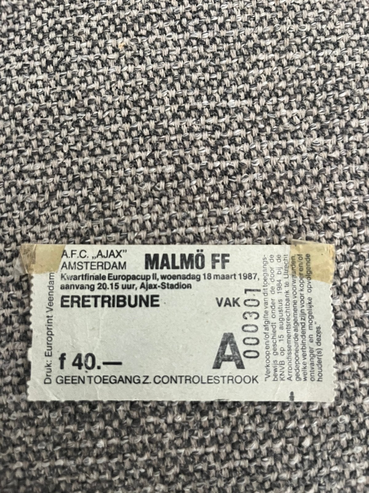 TICKET AJAX-MALMÖ 86-87 KWART FINALE EC II, Ophalen of Verzenden, Zo goed als nieuw, Ajax, Overige typen