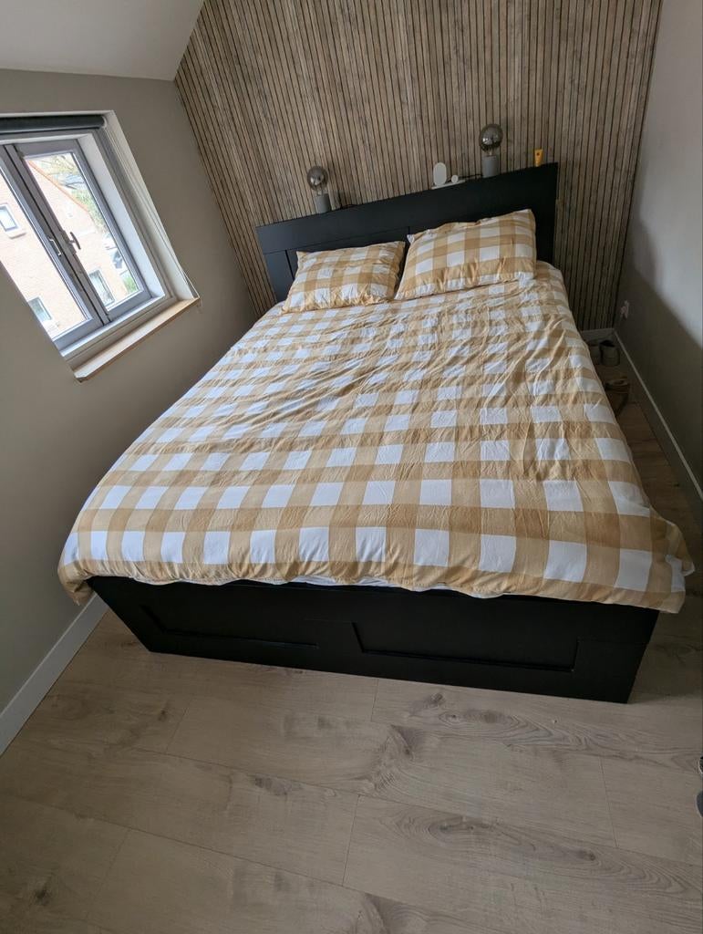 Ikea Brimnes Bedframe 160x200 met opberglades en hoofdeinde, Gebruikt, Zwart, Tweepersoons, Ophalen of Verzenden