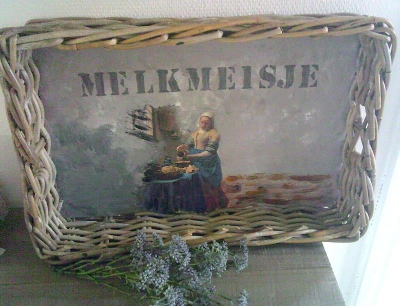 MELKMEISJE dienblad met rotan cottage look, Ophalen of Verzenden, Gebruikt, Rechthoekig, Hout