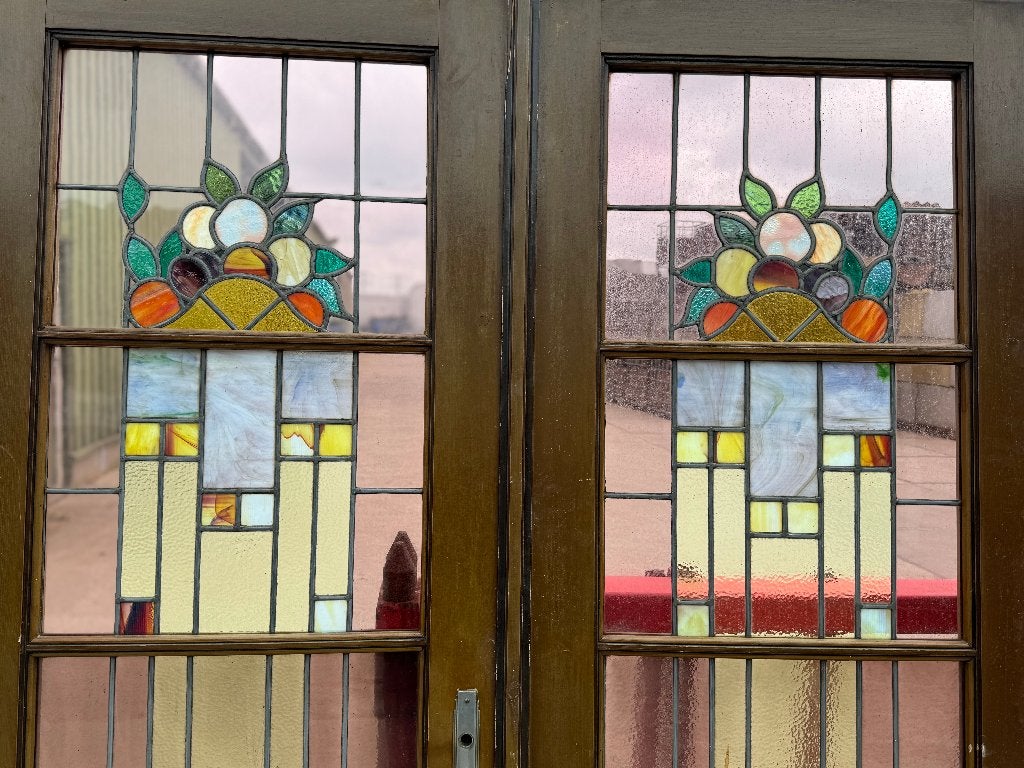 Set Jugendstil glas in lood openslaande deuren 213x144cm., Antiek en Kunst, Ophalen