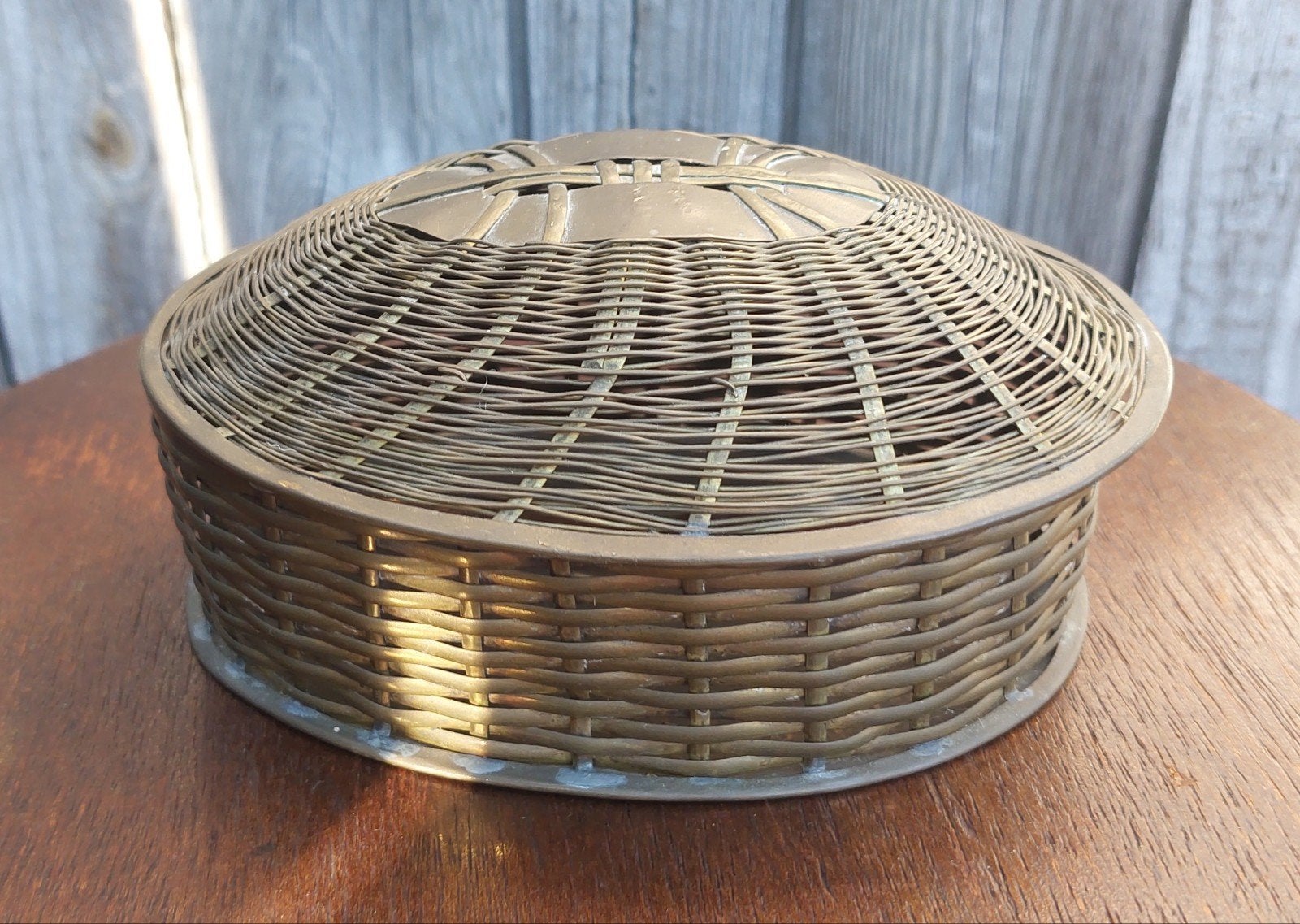 Vintage messing mandje met deksel - gevlochten design, Ophalen of Verzenden