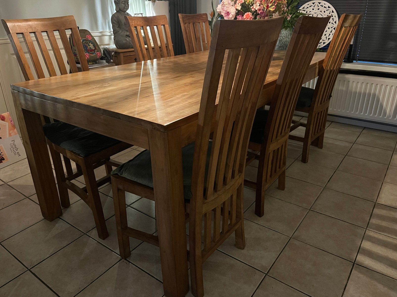 Teak eettafel en 6 stoelen, Ophalen, Gebruikt, 4 tot 6 stoelen