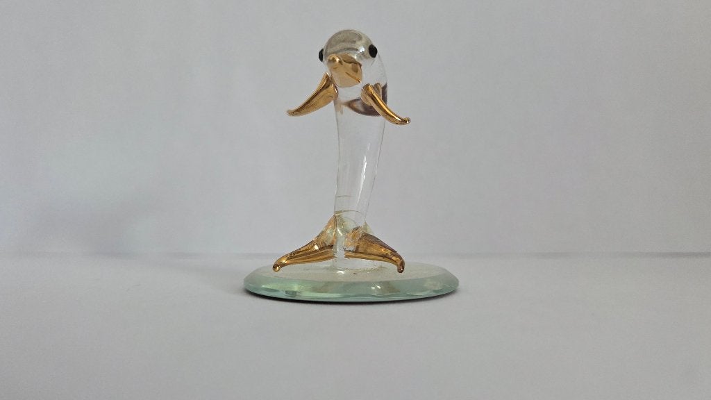 Vintage kristallen dolfijnbeeldje met gouden accenten, Antiek en Kunst, Antiek | Glas en Kristal, Ophalen of Verzenden