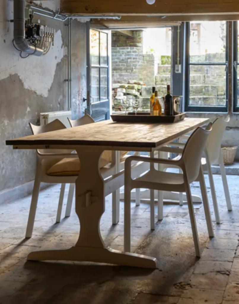 Robuuste royale eettafel Steigerhout, nu voor 99,- euro, Ophalen, Gebruikt, Landelijk, Riviera Maison, stoer, 200 cm of meer