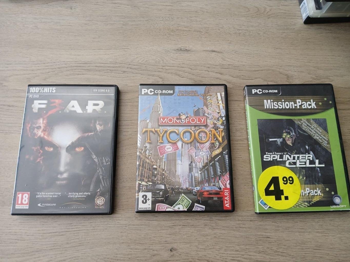 Oude PC CD-ROM Games: Splinter Cell, Monopoly Tycoon, F.E.A., Spelcomputers en Games, Avontuur en Actie, Gebruikt, Vanaf 18 jaar