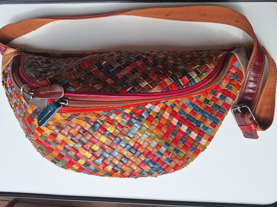 Kleurrijke Echt Lederen Schoudertas - Patchwork Design, Ophalen of Verzenden, Zo goed als nieuw, Overige kleuren, Schoudertasje