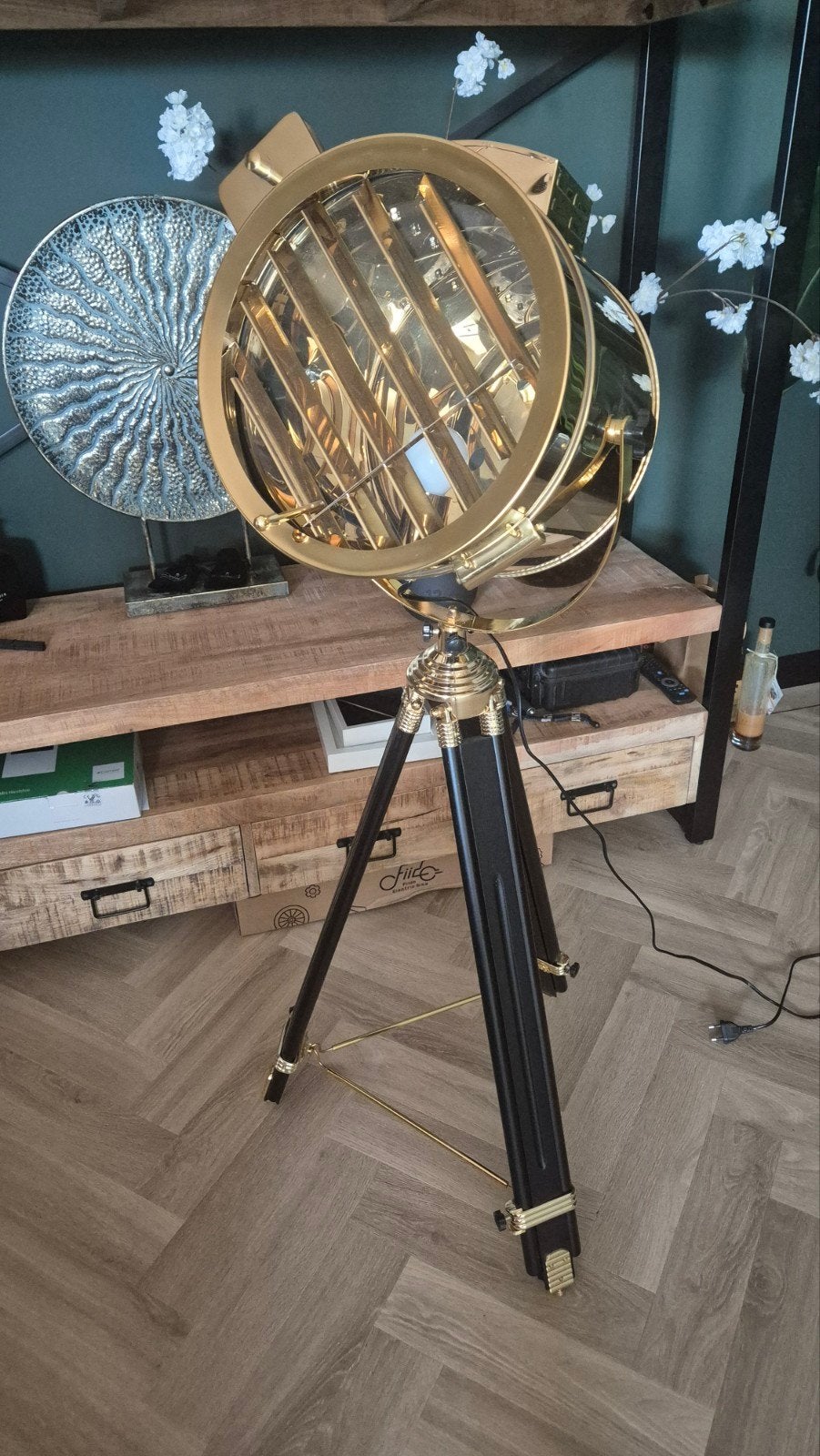 Industriële Statief Vloerlamp - Maritieme Schijnwerpe, Huis en Inrichting, Lampen | Vloerlampen, Zo goed als nieuw, 100 tot 150 cm