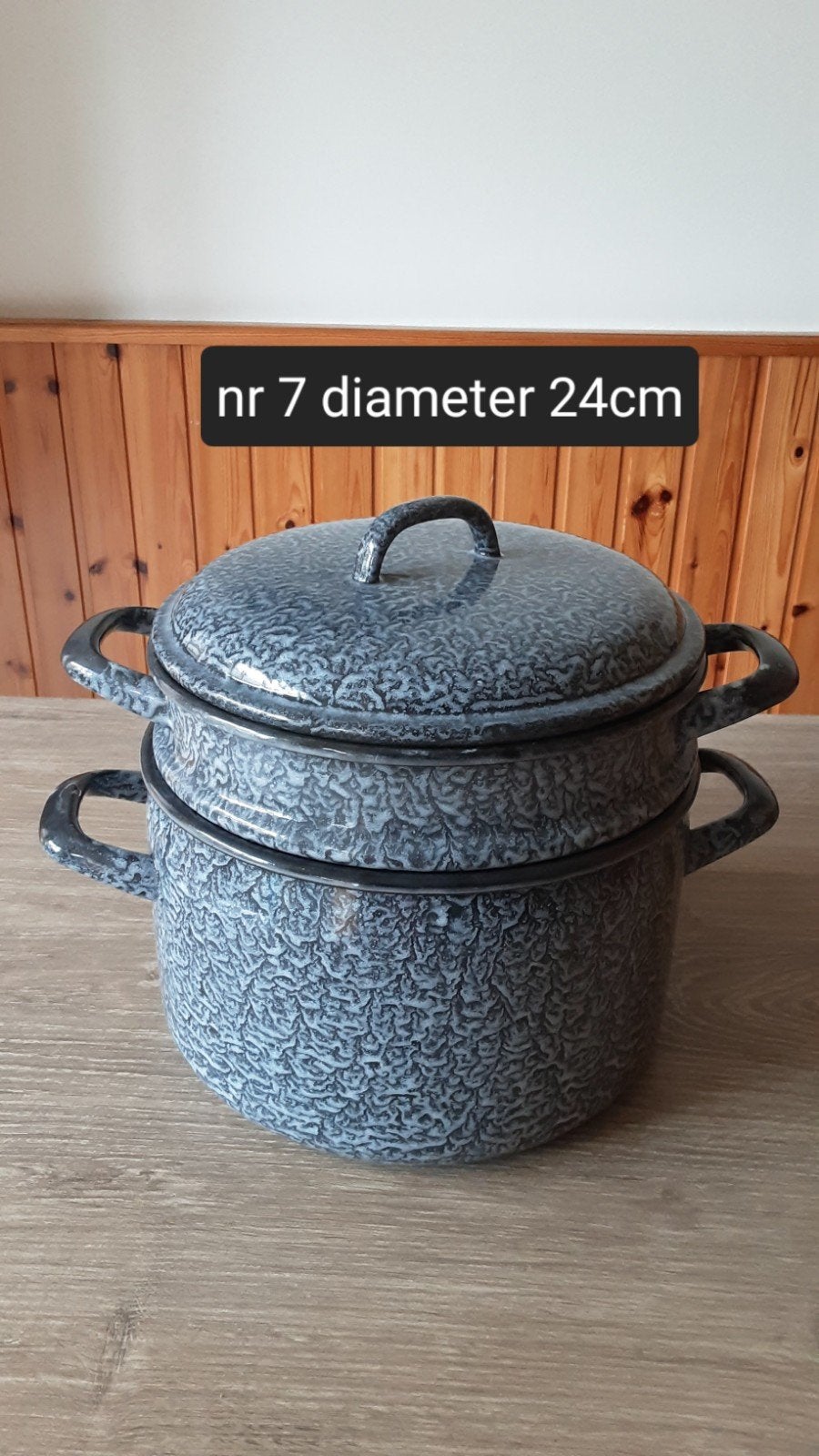 EMAILLE GRIJSGEWOLKTE STOOMPAN DIAMETER 24CM., Antiek en Kunst, Antiek | Emaille, Ophalen of Verzenden