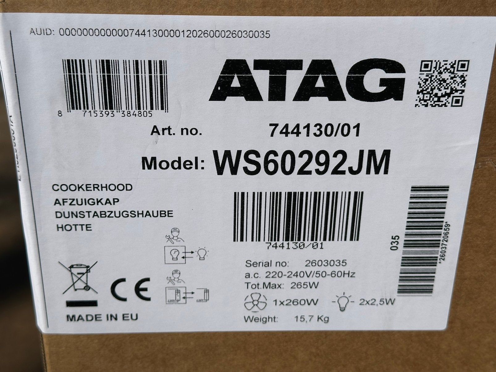 Nieuwe ATAG afzuigkap 60cm – nieuw in doos, Witgoed en Apparatuur, Afzuigkappen, Ophalen, Nieuw, Vrijstaand, Wandschouwkap