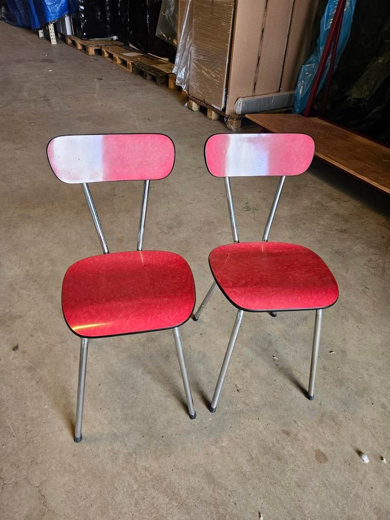 Set van 2 vintage rode formica stoelen met metalen frame, Gebruikt, Twee, Metaal, Rood