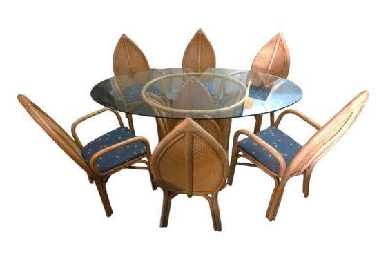 Vintage Hansen rattan eettafel met glazen blad en 6 stoelen, Huis en Inrichting, Ophalen, Gebruikt, ., Rond