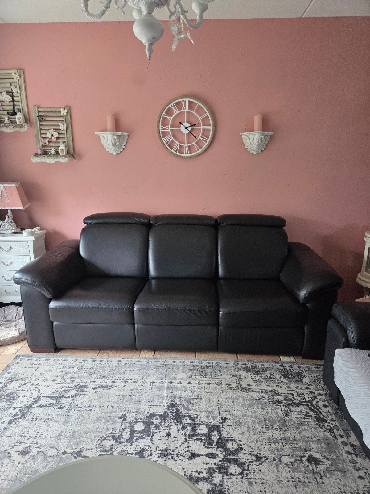 een mooi zwart lederen 3 zits bankstel met relaxfunctie, Ophalen, Zo goed als nieuw, Leer