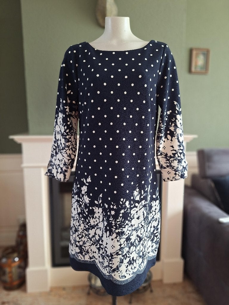 K-Design K Design gevoerde blauw crème jurk L, Kleding | Dames, K-design, Maat 42/44 (L), Zo goed als nieuw, Knielengte