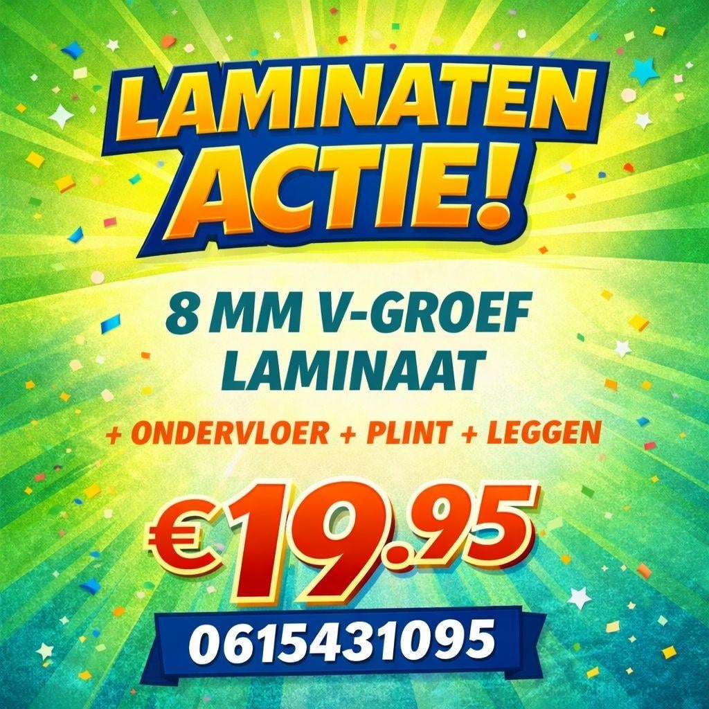 Laminaat All-in Deal: 8mm V-groef incl. leggen, Kunststof, Nieuw, Ophalen of Verzenden, 10 m² of meer